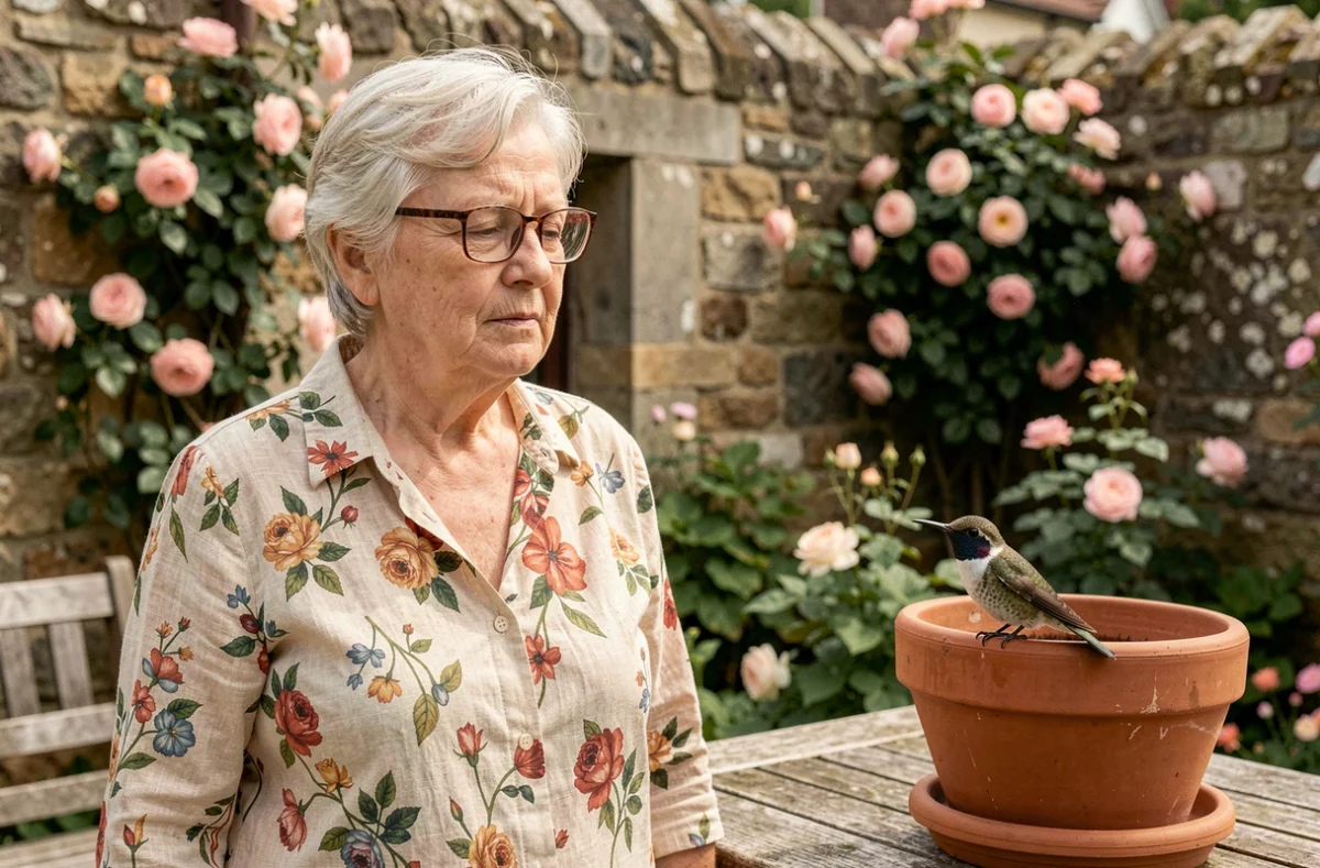 Femme âgée observant un colibri posé sur une jardinière en terre cuite sur une terrasse de jardin