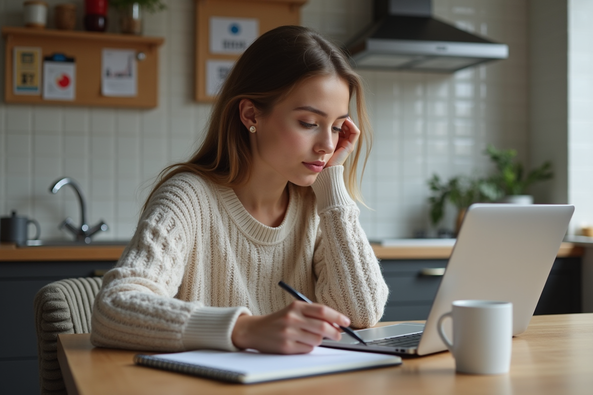 Jeune femme compare des taux de prêt immobilier à la maison
