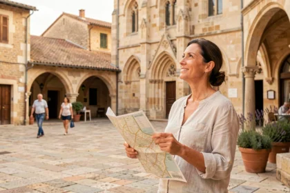 Femme consultant un plan de Narbonne centre-ville devant la cathédrale Saint-Just