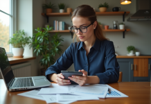 Jeune femme en blouse navy examine documents de mortgage