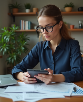 Jeune femme en blouse navy examine documents de mortgage