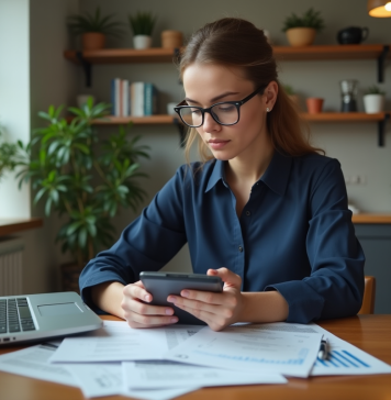 Jeune femme en blouse navy examine documents de mortgage