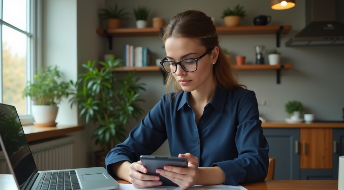 Jeune femme en blouse navy examine documents de mortgage