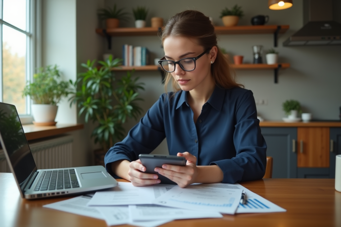 femme-pret-a-acheter-immobilier Jeune femme en blouse navy examine documents de mortgage
