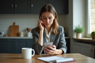Femme d'âge moyen inquiète avec téléphone au travail