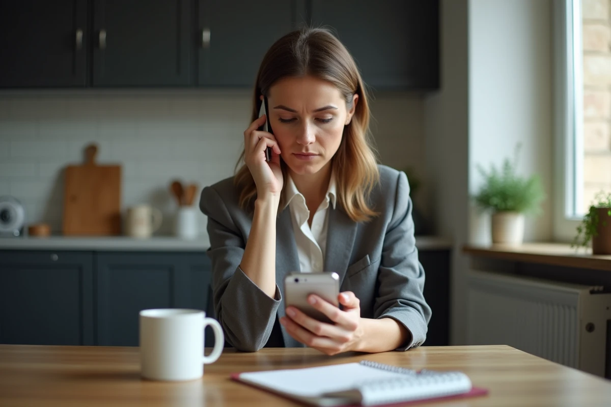 Femme d'âge moyen inquiète avec téléphone au travail