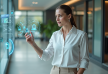 Réalité augmentée : intérêt dans les années futures pour l’expérience utilisateur Jeune femme en bureau avec realite augmentee