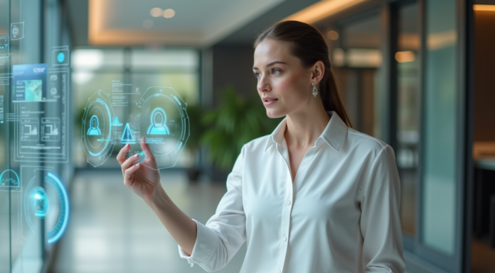 Jeune femme en bureau avec realite augmentee