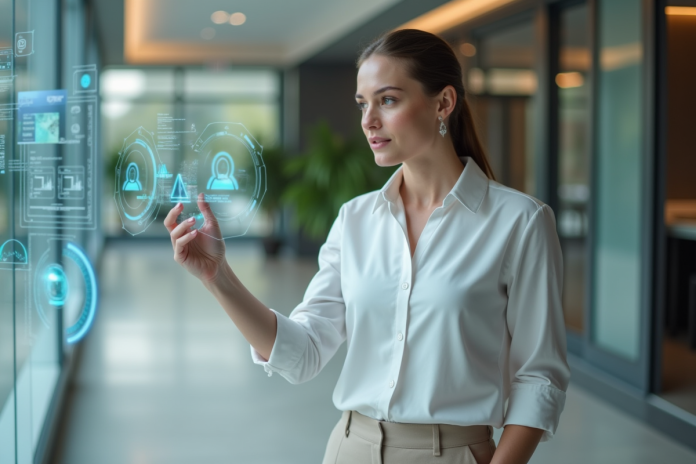 femme-realite-augmentee-bureau Jeune femme en bureau avec realite augmentee