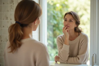 Femme regardant son reflet dans un miroir de salle de bain