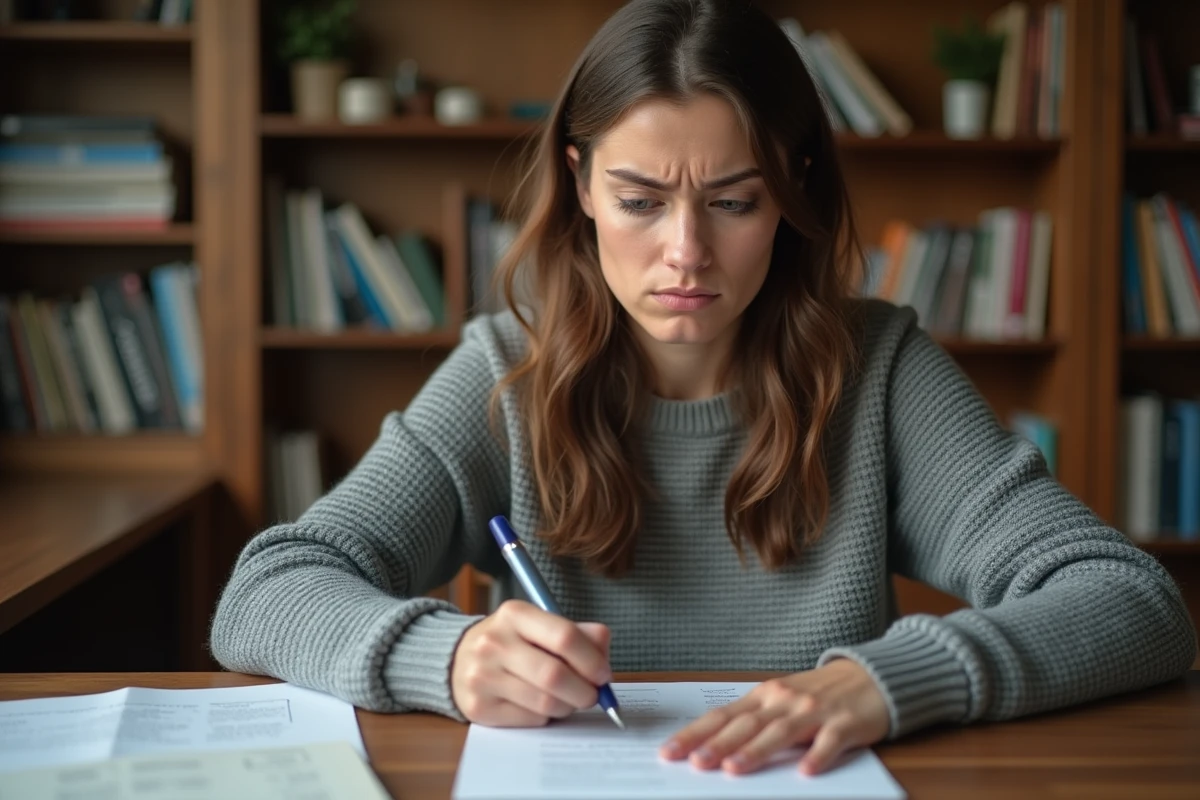 Jeune femme hésitante relisant un texte français manuscrit avec un stylo à la main, assise à un bureau en bois entouré de dictionnaires