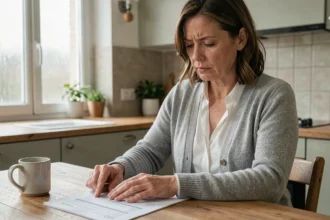 Femme consultant un relevé bancaire papier à la table de sa cuisine pour identifier un prélèvement