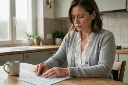 Femme consultant un relevé bancaire papier à la table de sa cuisine pour identifier un prélèvement
