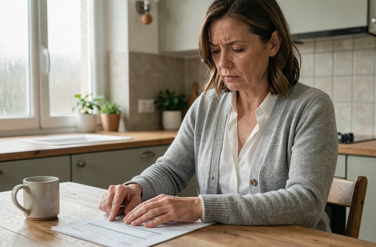 Femme consultant un relevé bancaire papier à la table de sa cuisine pour identifier un prélèvement