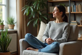 Femme détendue dans un salon lumineux avec plantes
