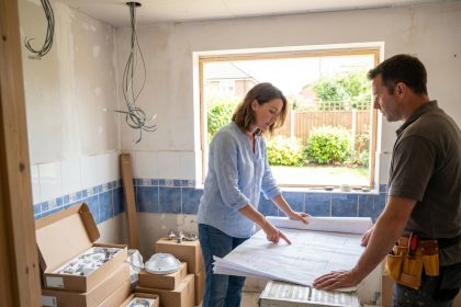 Femme en jeans et blouse bleue examine plans de rénovation dans un bain en construction