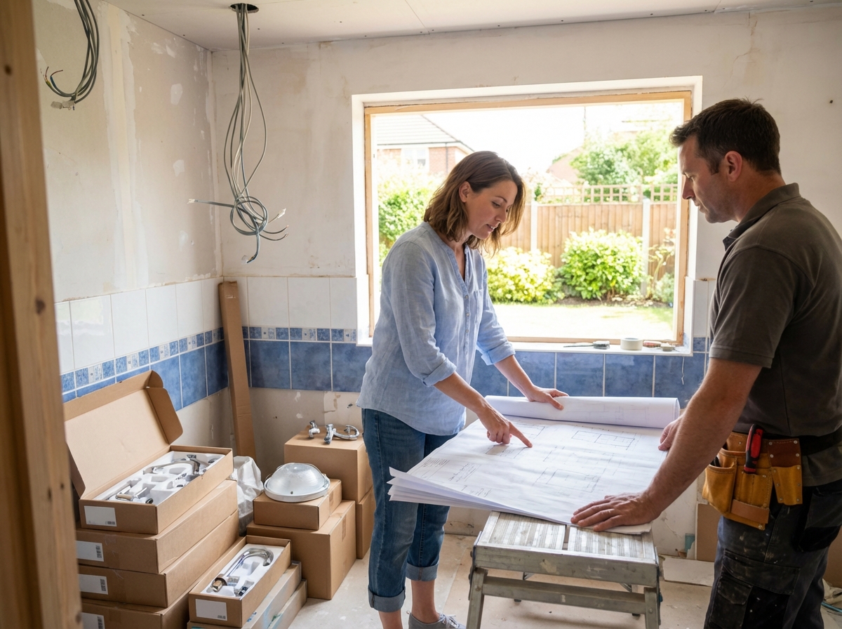 Femme en jeans et blouse bleue examine plans de rénovation dans un bain en construction