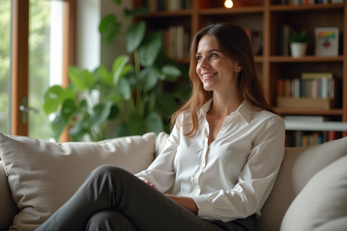 Femme assise dans un salon lumineux en conversation
