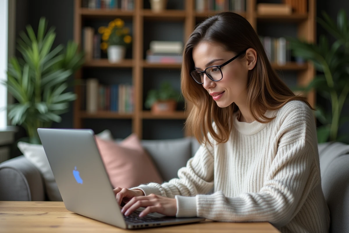 Jeune femme concentrée jouant sur un ordinateur dans un salon cosy