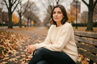 Femme seule assise sur un banc de parc en automne, regard pensif, illustrant la reconstruction de soi après un amour non réciproque