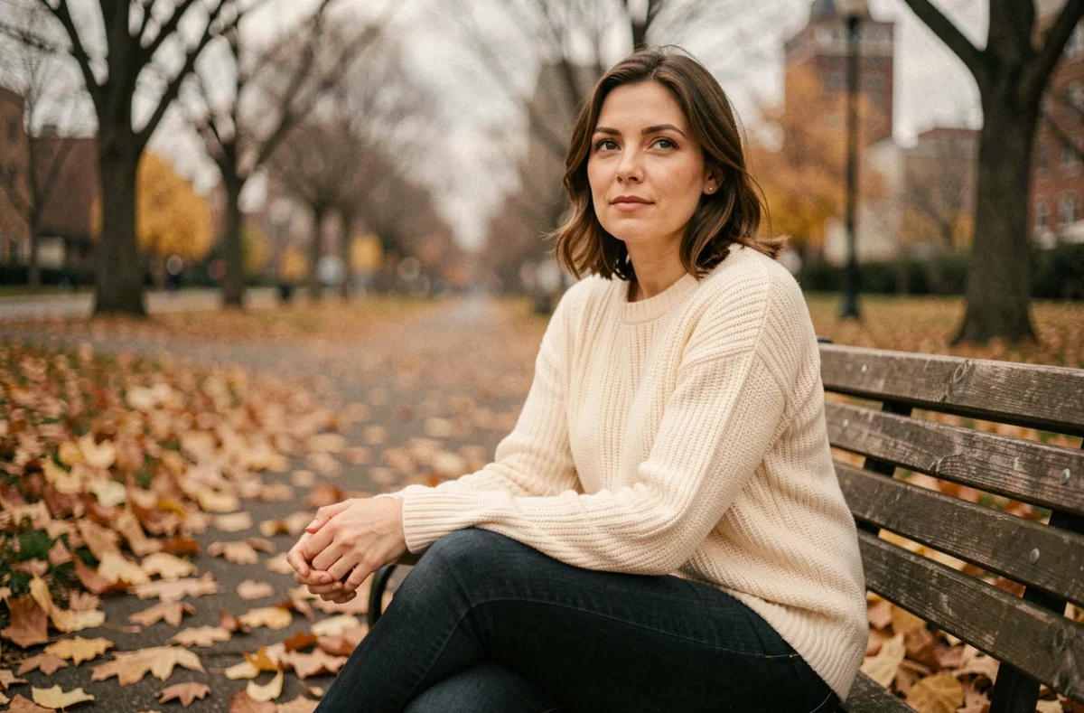 Femme seule assise sur un banc de parc en automne, regard pensif, illustrant la reconstruction de soi après un amour non réciproque