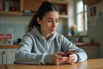 Femme utilisant son smartphone pour récupérer des dés gratuits sur Monopoly Lien à la maison