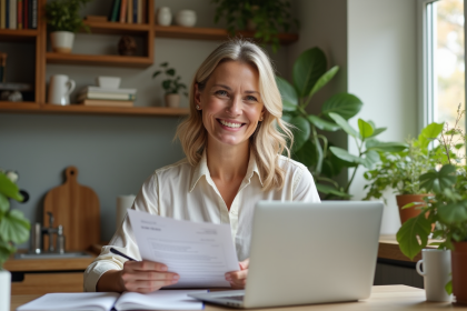 Femme souriante avec documents dans une cuisine lumineuse