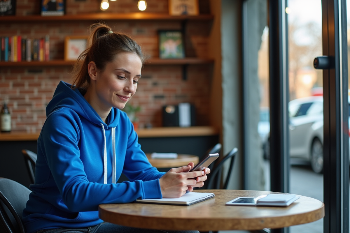 Femme sportive utilisant son smartphone dans un café urbain