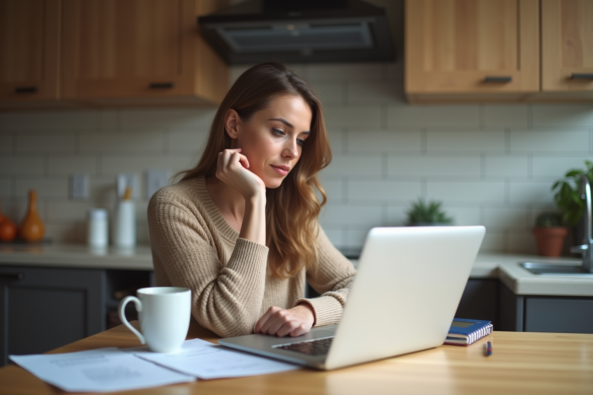 Femme utilisant un ordinateur portable dans une cuisine moderne