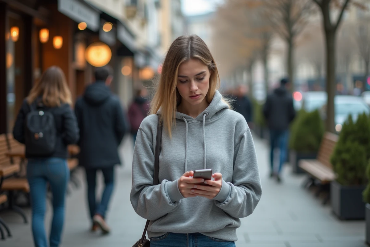 Jeune femme regardant son téléphone dans la rue urbaine