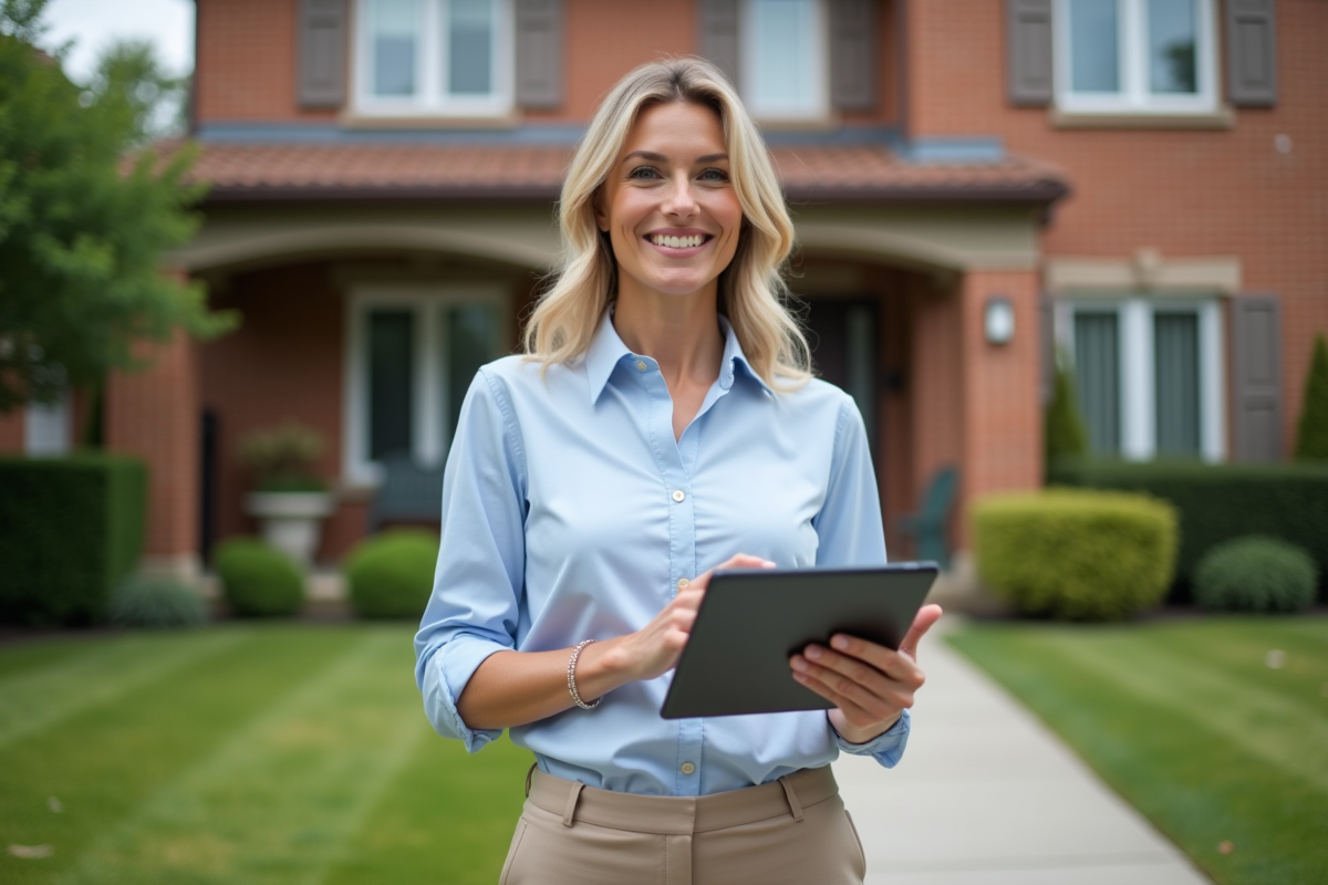 Femme dehors devant une maison en tenant une tablette avec données immobilières