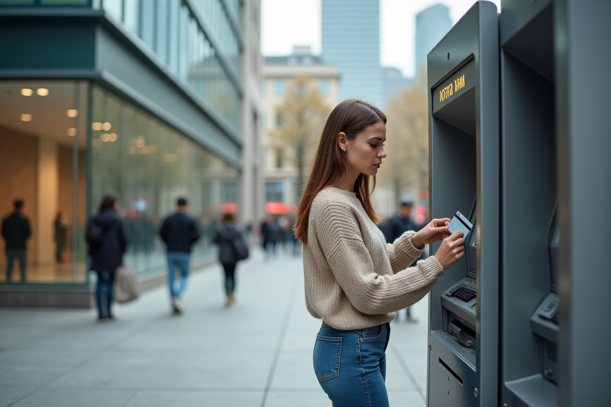 Jeune femme utilisant un distributeur automatique en ville