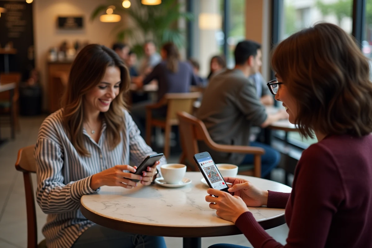Deux femmes jouant à la belote en ligne sur smartphone dans un café moderne
