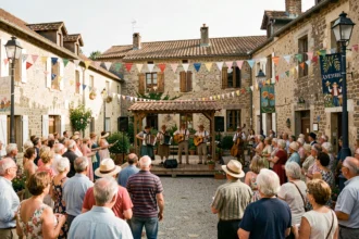 Fête de village en Aveyron avec musiciens traditionnels et habitants rassemblés sur une place en pierre