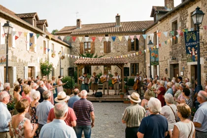 Fête de village en Aveyron avec musiciens traditionnels et habitants rassemblés sur une place en pierre