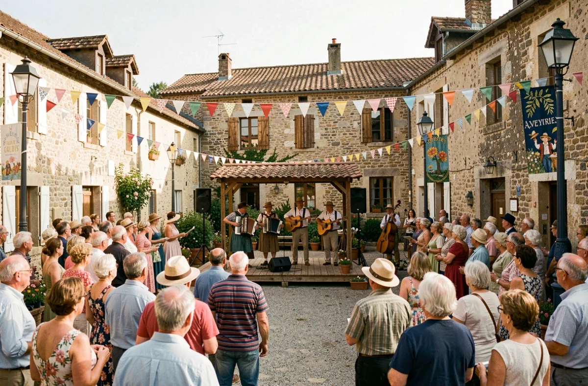 Fête de village en Aveyron avec musiciens traditionnels et habitants rassemblés sur une place en pierre