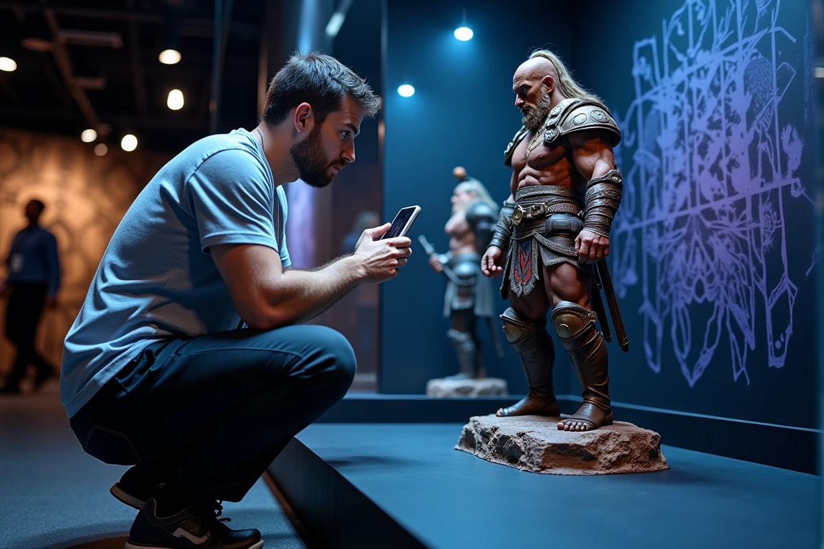 Visiteur photographiant une figurine en détail lors de l'exposition Arcane à Montpellier
