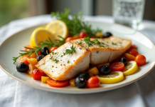 Assiette de poisson blanc avec légumes rôtis et citron