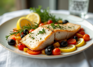 Assiette de poisson blanc avec légumes rôtis et citron