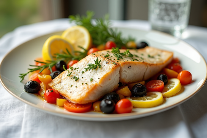 Assiette de poisson blanc avec légumes rôtis et citron