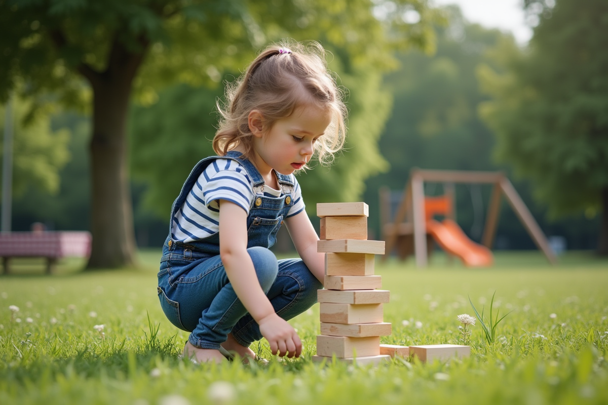 Jeune fille construisant une tour en blocs en plein air