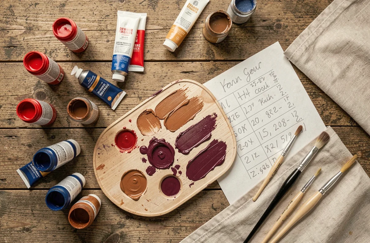 Vue de dessus d'un espace de travail avec tubes de peinture primaires et mélanges de couleur bordeaux sur palette