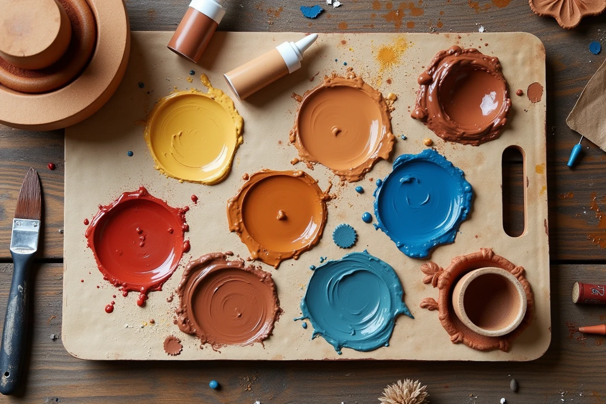 Vue du dessus d'une palette avec différents mélanges de couleurs pour faire du marron en peinture