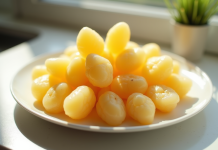 Jujubes et morceaux de jacquier sur une assiette lumineuse