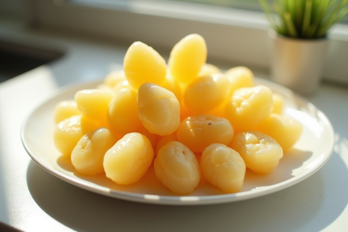 Jujubes et morceaux de jacquier sur une assiette lumineuse