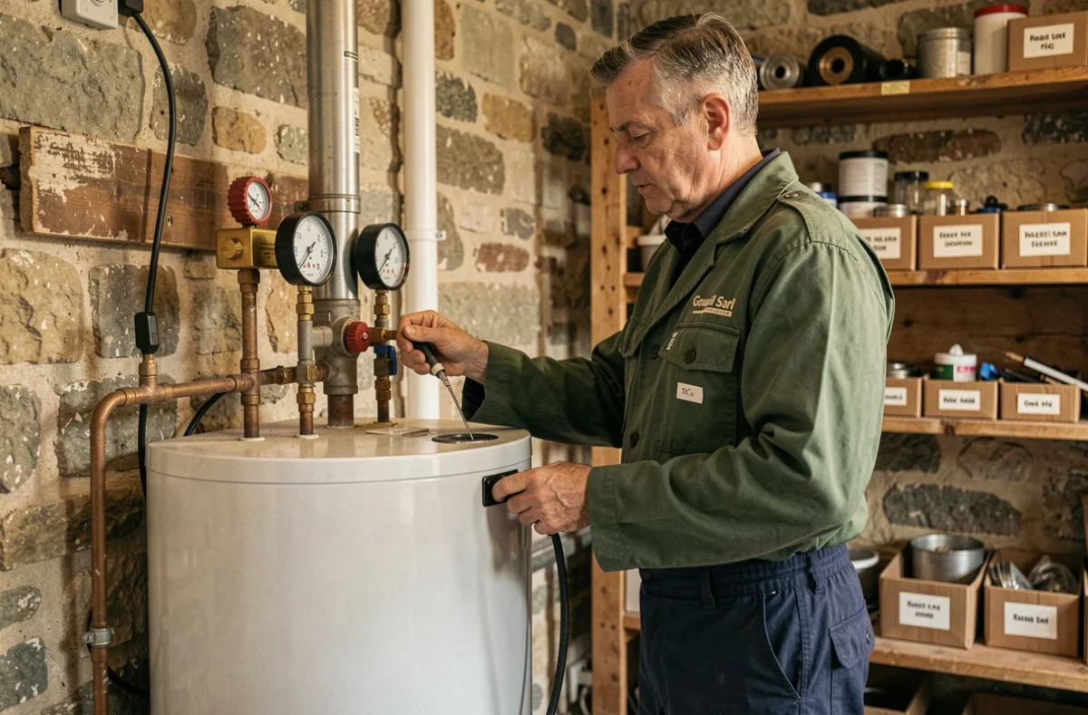 Plombier de Goupil Sarl effectuant la maintenance d'un chauffe-eau gaz dans une ferme rurale de l'Anjou
