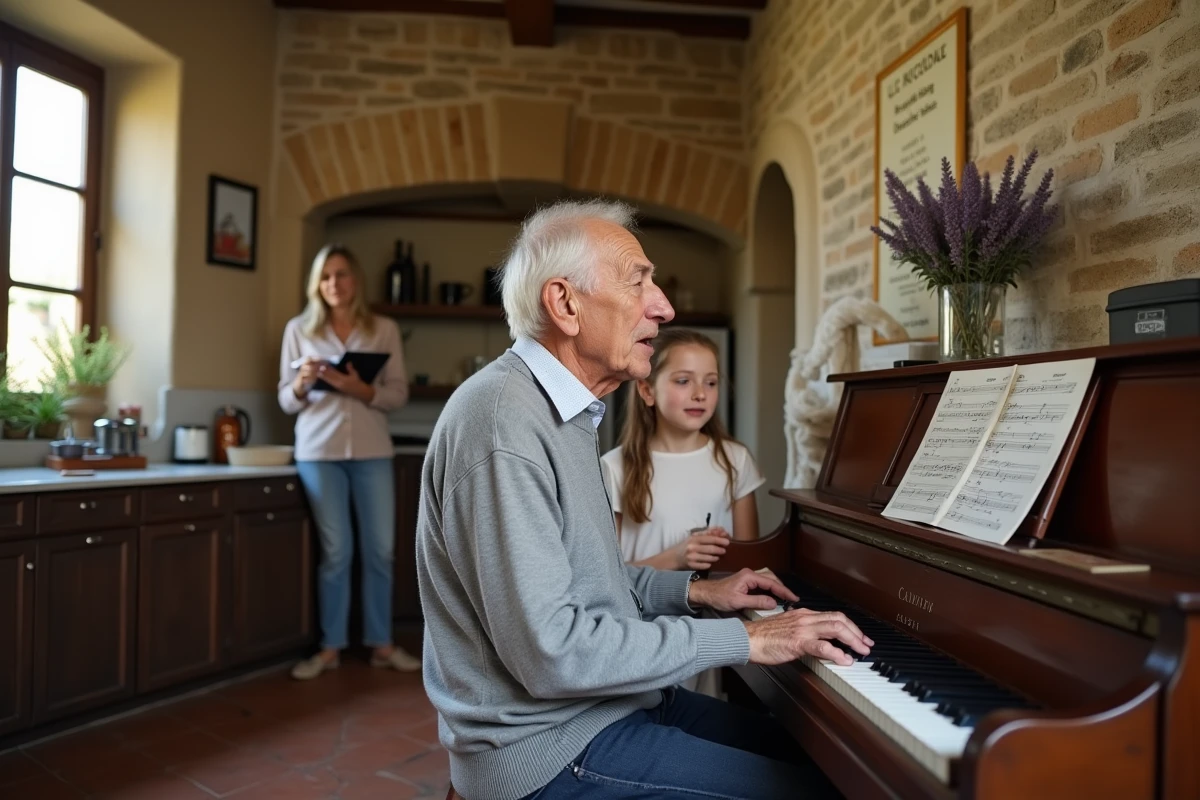 Grand-père jouant du piano avec sa petite-fille dans une cuisine provençale, partageant des chansons françaises des années 60