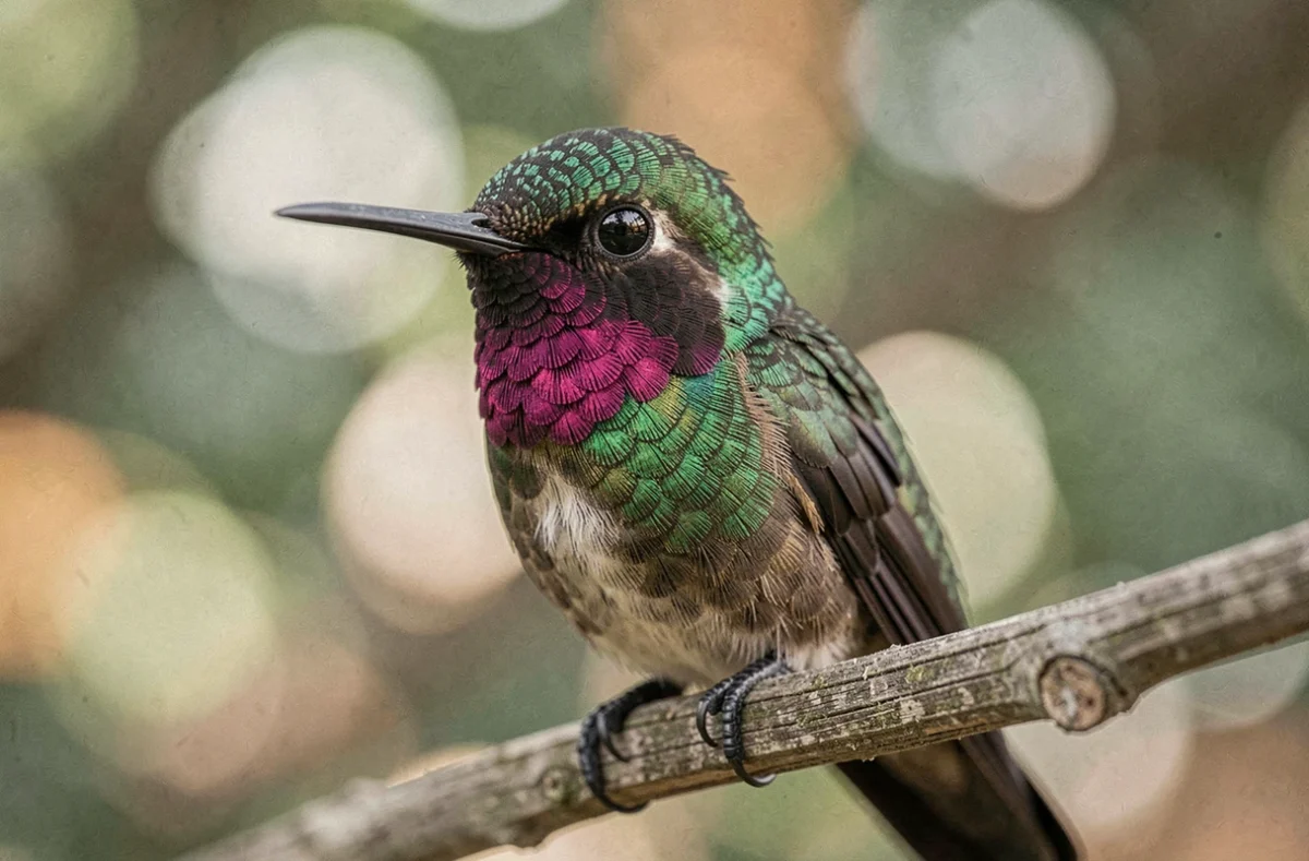 Gros plan d'un colibri posé sur une branche avec détail du plumage irisé et arrière-plan végétal flou