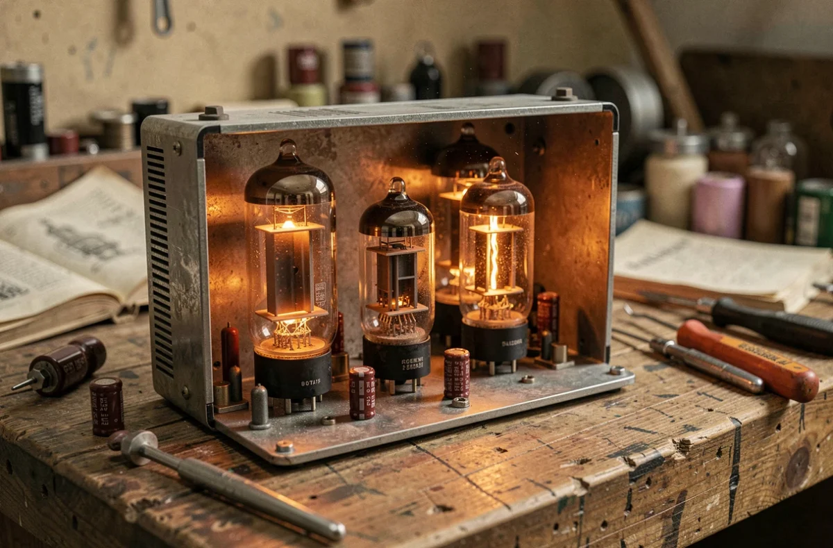Gros plan sur les lampes lumineuses d'un ampli à lampes pour basse ouvert dans un atelier de lutherie vintage