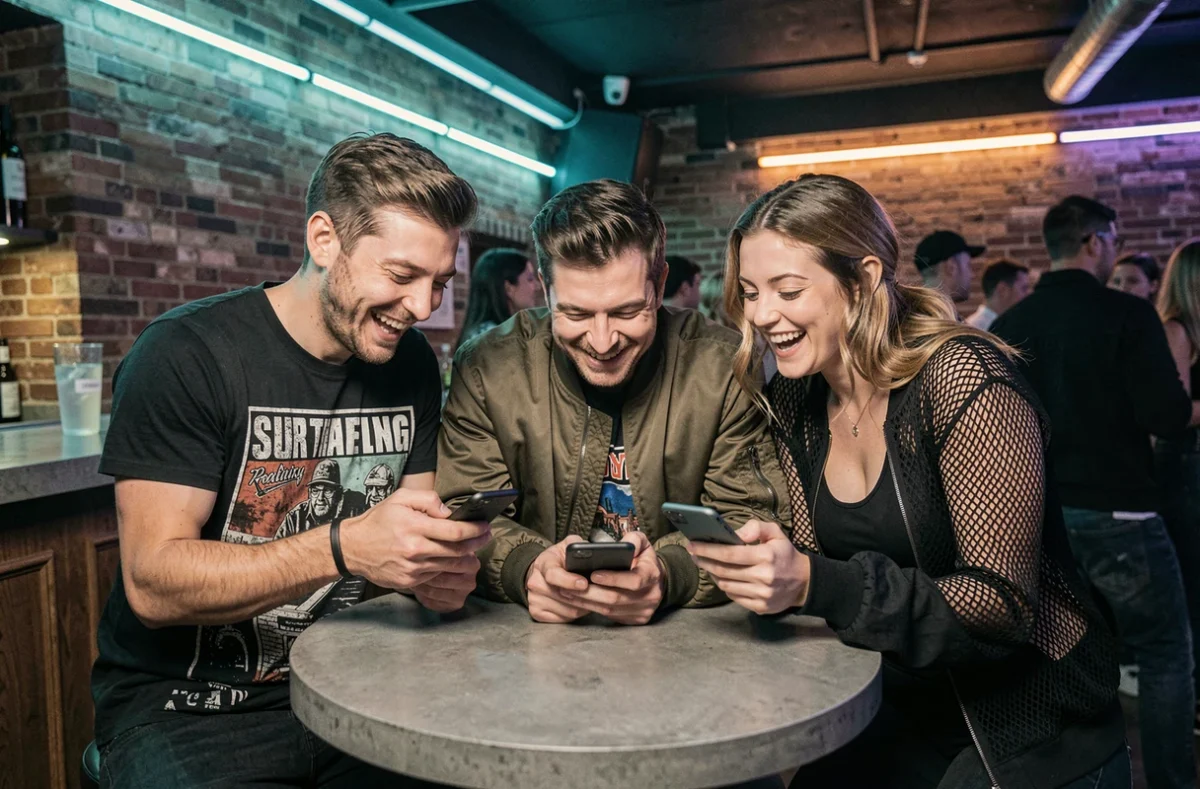 Groupe d'amis comparant des clubs techno parisiens sur smartphone dans un bar de club